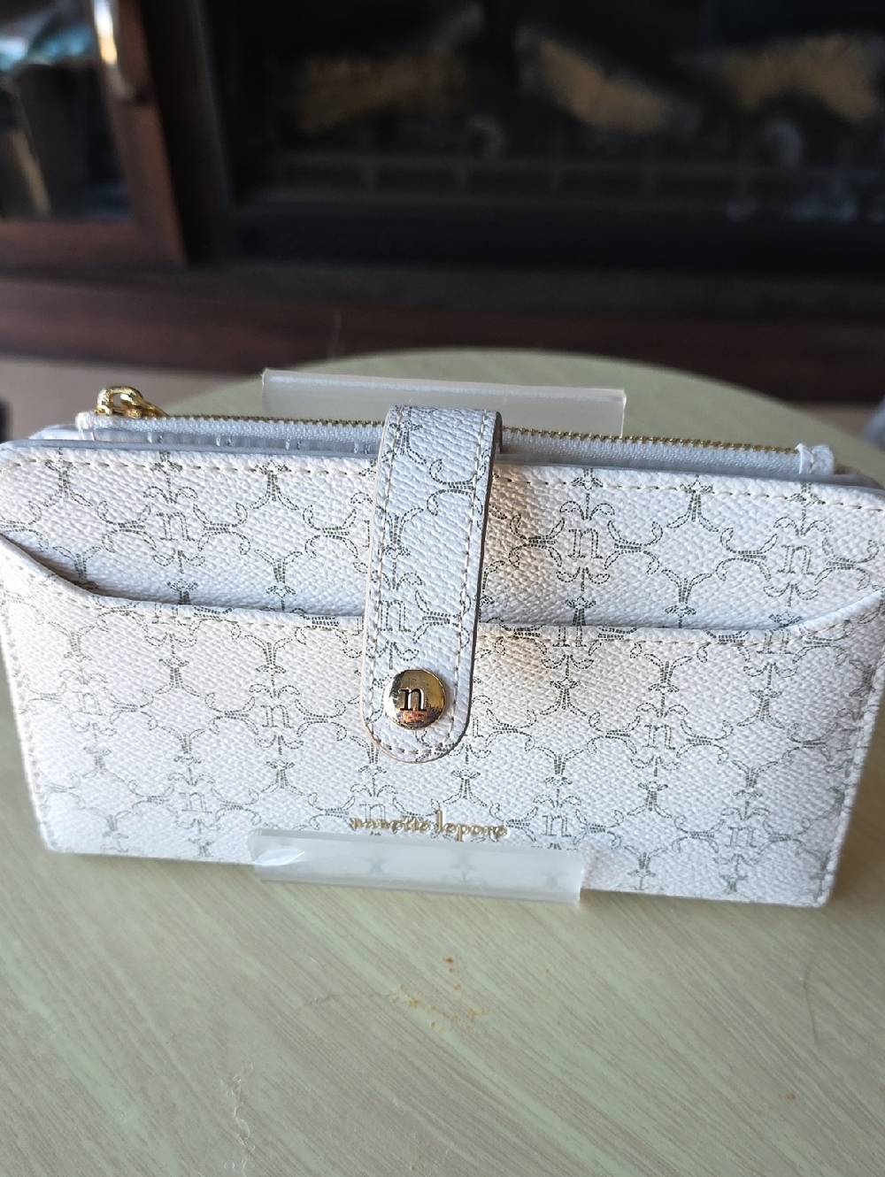 Nanette Lepore Cream Patterned Snap-Tab Zip Wallet with Gold Accent